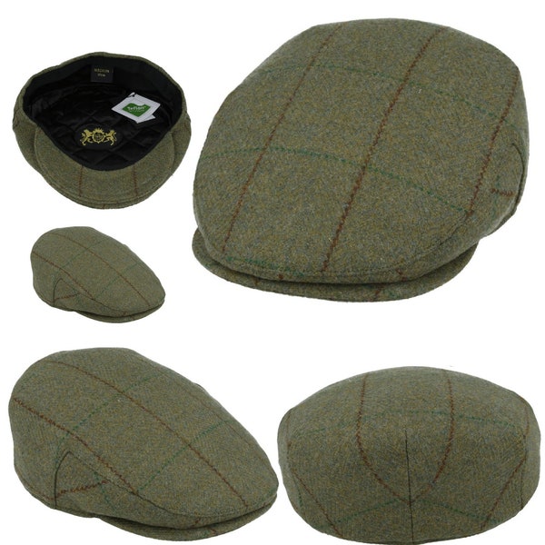 Flat Cap Men’s Gladwin Genuine Derby Traditional British Tweed Durable Newsboy Harris Gatsby Green & Red Stripe Pure Scottish Wool Hat