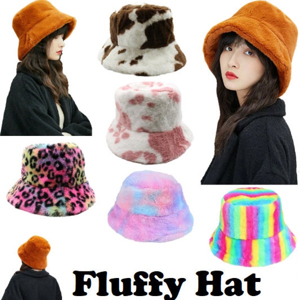Ladies Fluffy Hat Faux Fur Bucket Hats Soft Plush Festival Bright Colour Fisherman Hat Men's Women's Cap Rave Dance Sun Winter Hat