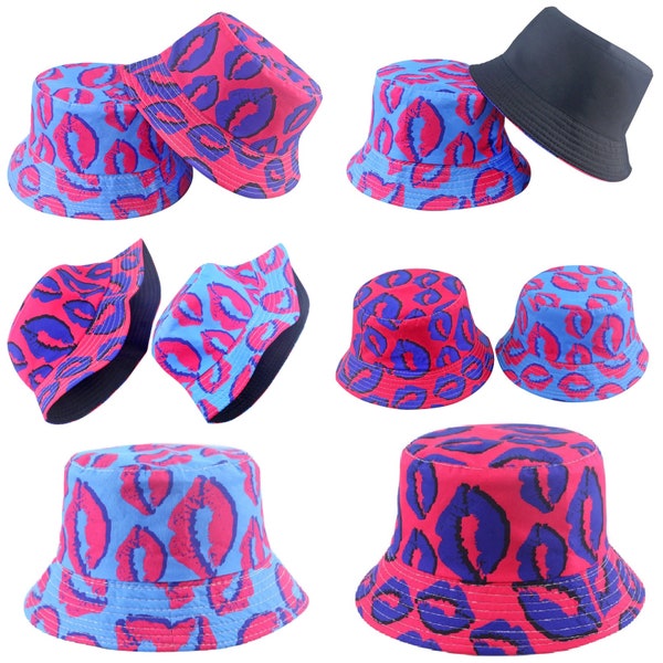 Ladies Bucket Hat Blue & Pink Lips Printed Hats Celebrity Summer Reversible Hat Beach Festival Unisex “Lips” Cotton Sun Fishing Travel Hat