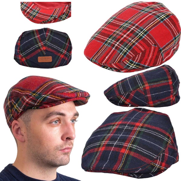 Mens Flat Tartan Cap Scottish Herringbone Harris Tweed Wool Bakerboy Newsboy Men Caps