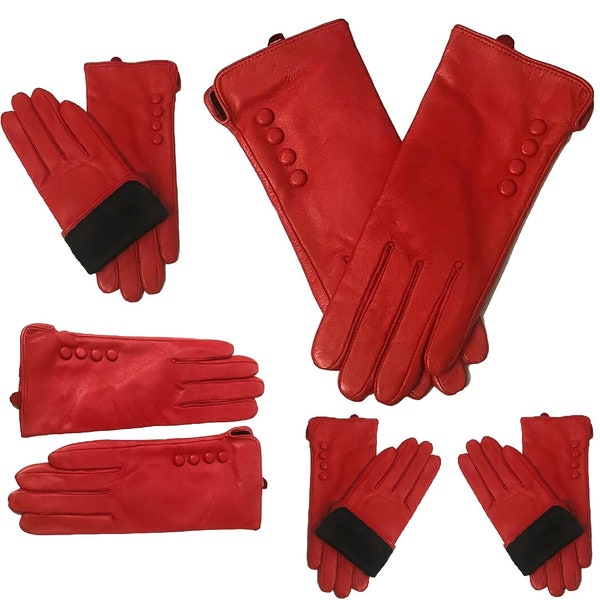 Red Leather Button Gloves Ladies High Quality Winter Gloves Women's Genuine Super Soft Driving Warm Nappa Driving Warm | Real Leather Gloves