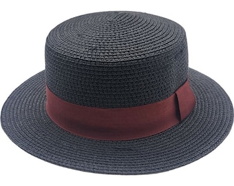 Summer Boater Hat Black Women Lady's Straw Bowler Sun Hat Round Flat Caps Wide Brim Beach One Size