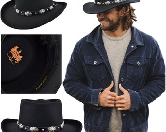 Gambler Hat Men’s Cowboy Fedora 100% Wool Water Repellent Gaucho Unisex Black Crushable Hats With Buckle Band