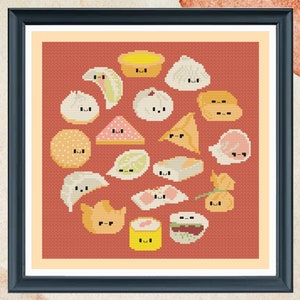 以下が含まれることがあります： 赤い背景に、かわいい漫画風の点心の様々な料理が描かれたクロスステッチパターンのPDF。料理には、餃子、パン、その他伝統的な中華のおやつが含まれています。