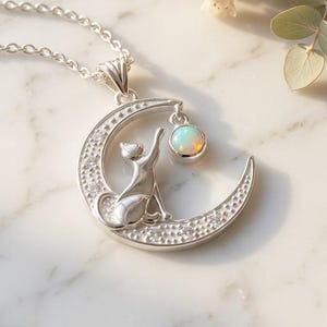 925 Silver Opal Moon Cat Necklace opal Pendant