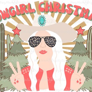 May include: A digital illustration of a cowgirl wearing a white cowboy hat, sunglasses, and a red shirt. She is holding up two peace signs. The background features a sunset with cacti and Christmas trees.