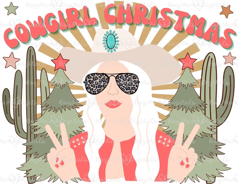May include: A digital illustration of a cowgirl wearing a white cowboy hat, sunglasses, and a red shirt. She is holding up two peace signs. The background features a sunset with cacti and Christmas trees.