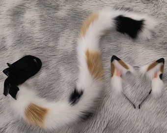 Realistic Furry Calico Cat Ear Tail Set, Handmade Animal Headband Kitty Pet Play Ears, Plush Animal Tail,Cos Cat Tail,Cosplay Animal Ear.