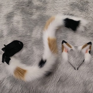 Realistic Furry Calico Cat Ear Tail Set, Handmade Animal Headband Kitty Pet Play Ears, Plush Animal Tail,Cos Cat Tail,Cosplay Animal Ear.