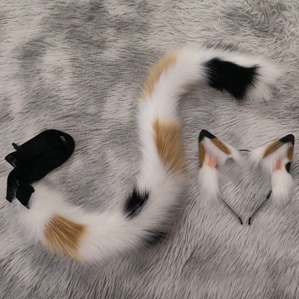 Realistisches Fell-Katzenohren-Set, handgefertigtes Tier-Stirnband, Kätzchen-Spielohren, Plüsch-Tierschwanz, Cos-Katzenschwanz, Cosplay-Tierohren.
