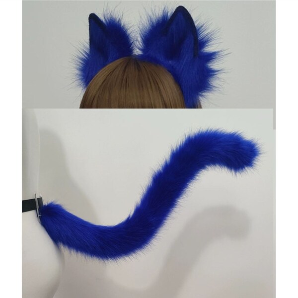 Custom-Plush Blue Kitten Ears Tail Set, Fuzzy Faux Animal  Ear With Tail, Blue Kitten Fox Ear Headband, Cosplay Game Characters Ears Tail.