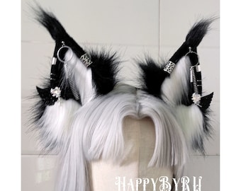 Silver Chain Black And White Lynx Ear Headband, Gothic Style Kitten Ear Headband,Furry Wolf Fox Cat Ear,Cat Petplay Ear,Cos Animal Wolf Ear