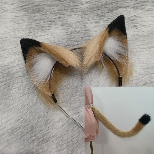 Custom-Furry Brown Lion King Ear Tail Set, Brown Fox Wolf Kitten Ears Headband, Brown To Black Kitten Tail With Belt, Fursuit Animal Tail.