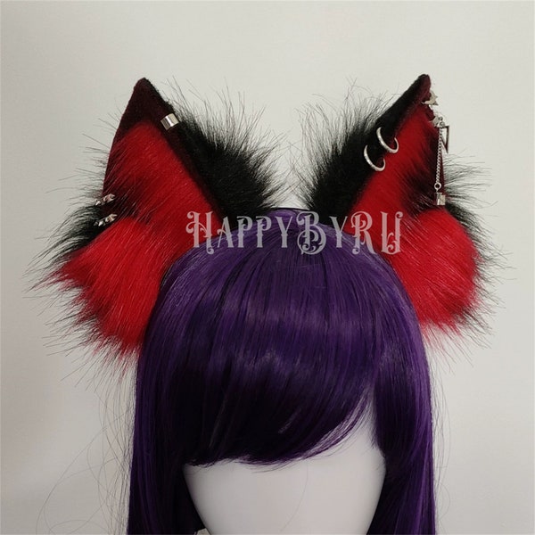 Gothic Halloween Red Anubis Wolf Ears, Hippy Red Wolf Ear With Hoop, Kawaii Red Kitten Ears, Cosplay Kitten Fox Ear,Cosplay Animal Ear.