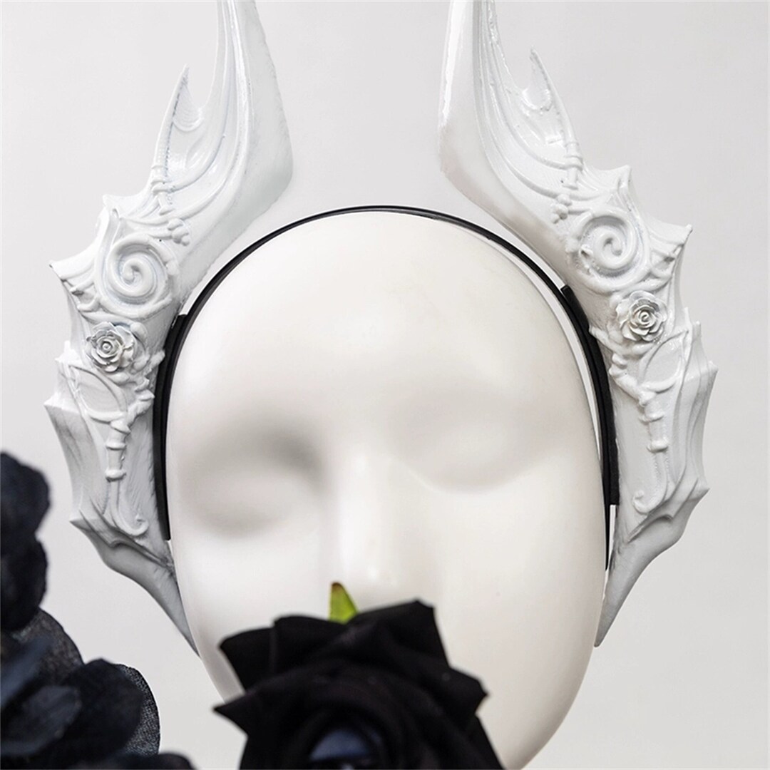 Cyberpunk Dark Black Demon Headband Lolita Cosplay White Rose Etsy