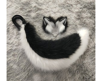 Artificial Alaskan Malamute Ear Tail Set, Black White Dog Ears Headband,Husky Fursuit Cosplay Tail,Cosplay Party Animal Wolf Cosplay Costume