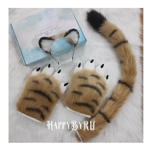Furry Tiger Ears Tail Claws Set, Brown Fursuit Paws, Furry Fursuit Paws, Fuzzy Faux Tail, Cosplay Tiger Gloves Handpaws, Tiger Paw Pads