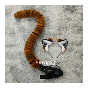 Brown Tiger Ears Tail Set, Brow Stripes Tiger Fuzzy Faux Tail, Cosplay Plush Cat Ear Tail, Brown Ear Tail, Cosplay Animal Costume Ears Tail.