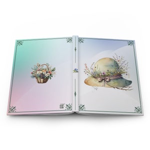 May include: An open book with a watercolor illustration of a basket of flowers on the left page and a watercolor illustration of a hat with flowers on the right page. The book has a green and blue gradient background.