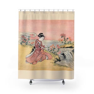 Oriental, Japanese, Flowers, Bathroom Curtain, Japanese woman picking chrysanthemum, Shower Curtains
