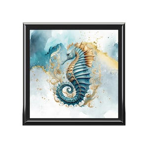 Jewelry Box, Seahorse with gold and blue design, Nautical Jewelry Organizer, Beachy Trinket Holder, Coastal Decor, Keepsake Box, Nautical