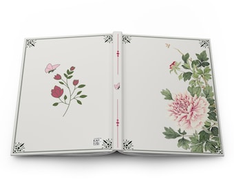 May include: An open book with a white background and a floral design on the right page. The left page has a simple floral design with a butterfly. The book has a red spine.