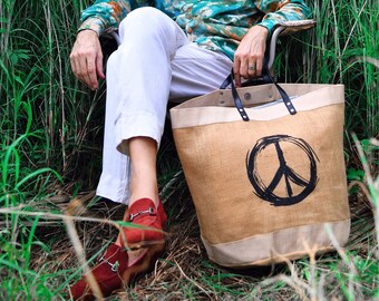 Large Pure Jute Tote with Vegan Or Pure Leather Shoulder Handles. Great Detailing with Large Zipper Inside Pocket.