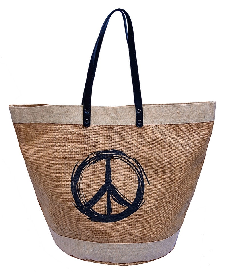 Large Pure Jute Tote with Vegan Or Pure Leather Shoulder Handles. Great Detailing with Large Zipper Inside Pocket. with Vegan Handle