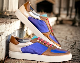 Handcrafted Luxury Leather Dress Sneaker - Metallic Luxury Calf Leather in Copper - Purple - Silver - Turquoise