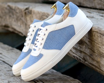 Handcrafted Luxury Leather Dress Sneaker - White Luxury Nappa Leather combined with Blue Linen