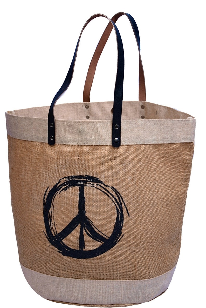 Large Pure Jute Tote with Vegan Or Pure Leather Shoulder Handles. Great Detailing with Large Zipper Inside Pocket. with Leather Handle