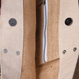 Large Pure Jute Tote with Vegan Or Pure Leather Shoulder Handles. Great Detailing with Large Zipper Inside Pocket. image 6