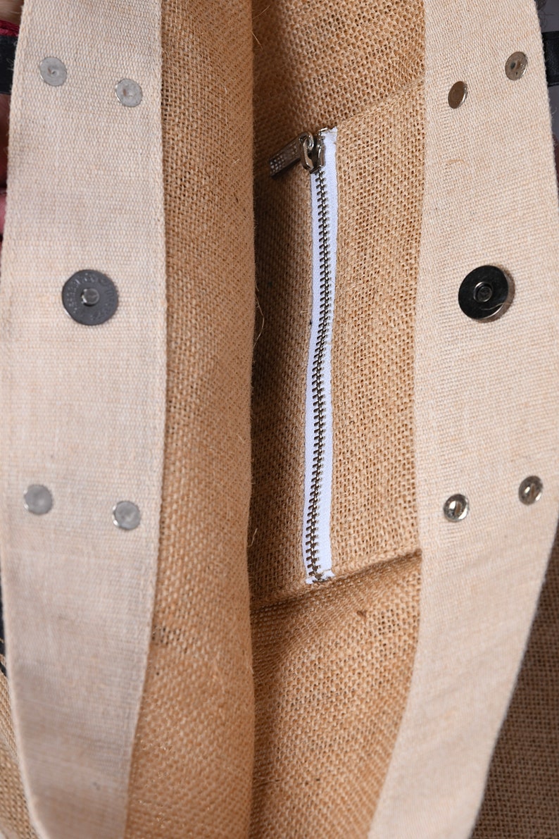 Large Pure Jute Tote with Vegan Or Pure Leather Shoulder Handles. Great Detailing with Large Zipper Inside Pocket. image 6