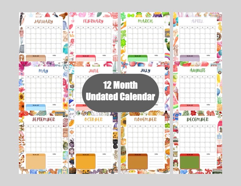 12 Month Calendar Printable Printable Undated Calendar Monthly Calendar Undated Digital Calendar