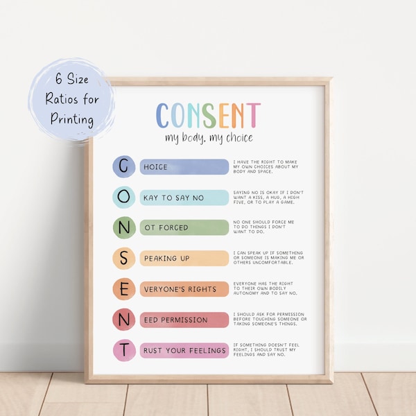 Consent My Body My Choice Print, School Psychologist Therapy Office Decor Print, Mental Health Poster, Digital Download