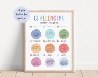 May include: A printable poster with a rainbow-colored title "Challenging Negative Thoughts" and nine steps to challenge negative thoughts. Each step is in a circle with a different color and a short description.