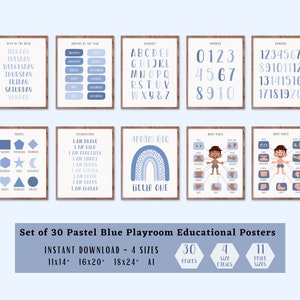 Lot de 30 affiches éducatives bleu pastel pour la salle de jeux - Imprimable Montessori, décoration d'école à la maison, impressions d'apprentissage