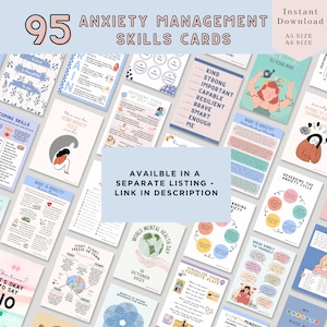 May include: A collage of 95 printable anxiety management skills cards. The cards feature colourful illustrations and text, including phrases like "Kind, Strong, Important, Capable, Resilient, Brave, Smart Enough, Me" and "What is Anxiety? Understanding Anxiety".