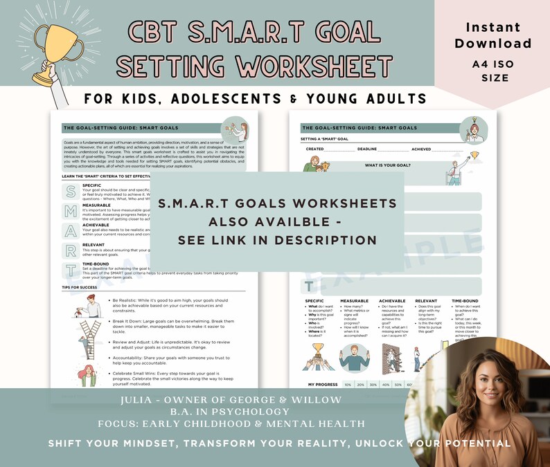 May include: A printable worksheet with a green and white background. The worksheet is titled "CBT S.M.A.R.T GOAL SETTING WORKSHEET FOR KIDS, ADOLESCENTS & YOUNG ADULTS". The worksheet includes a goal setting guide, tips for success, and a progress tracker. The worksheet is designed to help people set and achieve their goals.