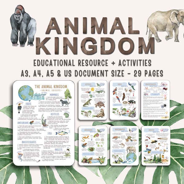 ANIMAL KINGDOM Unit Study Educational Resources for Teachers, Homeschool and Montessori Learning Spaces, Watercolor Illustrations