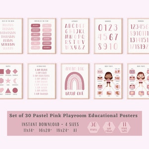 Ensemble de 30 affiches éducatives rose pastel pour la salle de jeux
