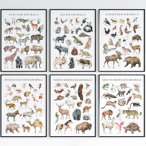 Láminas educativas de animales con animales del mundo en los continentes. Juego de 10 carteles educativos y recursos Montessori, actividad de emparejamiento
