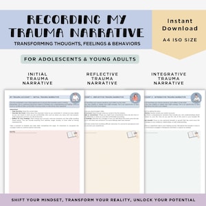 May include: Three printable worksheets titled "Initial Trauma Narrative", "Reflective Trauma Narrative", and "Integrative Trauma Narrative" for adolescents and young adults. The worksheets are designed to help individuals process and understand their trauma experiences.