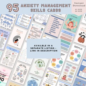 May include: A collage of 95 printable anxiety management skills cards. The cards feature colorful illustrations and text, including phrases like "Kind, Strong, Important, Capable, Resilient, Brave, Smart Enough, Me" and "What is Anxiety? Understanding Anxiety".
