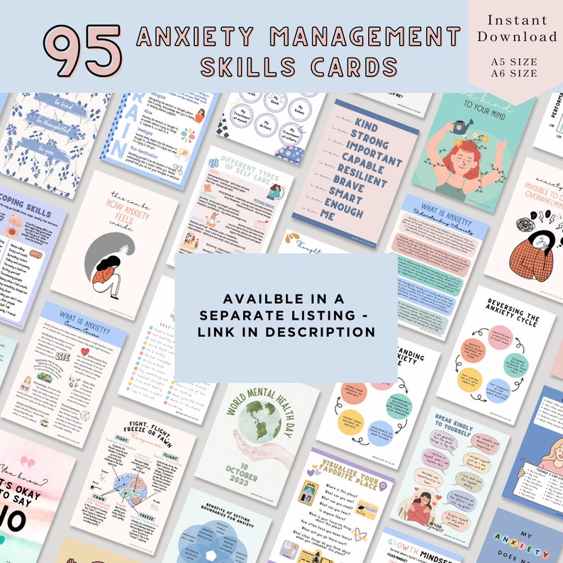 May include: A collage of 95 printable anxiety management skills cards. The cards feature colorful illustrations and text, including phrases like "Kind, Strong, Important, Capable, Resilient, Brave, Smart Enough, Me" and "What is Anxiety? Understanding Anxiety".