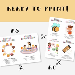 Może przedstawiać: Drukowane karty edukacyjne z tekstem "READY TO PRINT!" i ilustracjami. Karty są oznaczone A5 i A6, zawierają aktywności takie jak "Social Connection" i "Sound Exploration" z kolorową grafiką i instrukcjami.