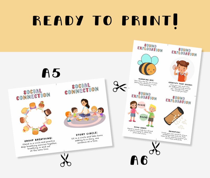 Może przedstawiać: Drukowane karty edukacyjne z tekstem "READY TO PRINT!" i ilustracjami. Karty są oznaczone A5 i A6, zawierają aktywności takie jak "Social Connection" i "Sound Exploration" z kolorową grafiką i instrukcjami.