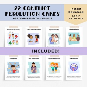 May include: Set of 22 colourful cards with illustrations and text, designed to help develop essential life skills for resolving conflict. The cards are 3.5 inches by 4 inches and are labelled with phrases like "Take Turns Speaking", "Listen to the Other Side", "Express Empathy", "Use a Mediator", "Avoid Blame", "Stop and Breathe", "Agree on a Solution", and "Ask Questions".