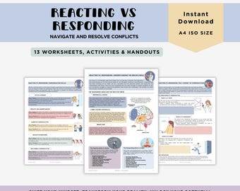 May include: A set of 13 printable worksheets, activities, and handouts designed to help people understand the difference between reacting and responding to situations. The worksheets feature illustrations of the brain and communication styles. The title of the resource is "Reacting vs Responding: Navigate and Resolve Conflicts".
