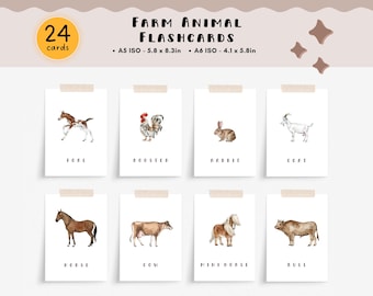 May include: Farm animal flashcards featuring watercolor illustrations of various farm animals, including a foal, rooster, rabbit, goat, horse, cow, mini horse, and bull. The set includes 24 cards, A5 size 5.8 x 8.3 inches, and A6 size 4.1 x 5.8 inches.